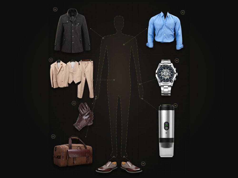 Explosionszeichnung des Herbst-Outfits: Mantel, Hemd, Anzug, Handschuhe, Automatikuhr, Brogues, Weekender und Espressomaschine rund um eine Figur
