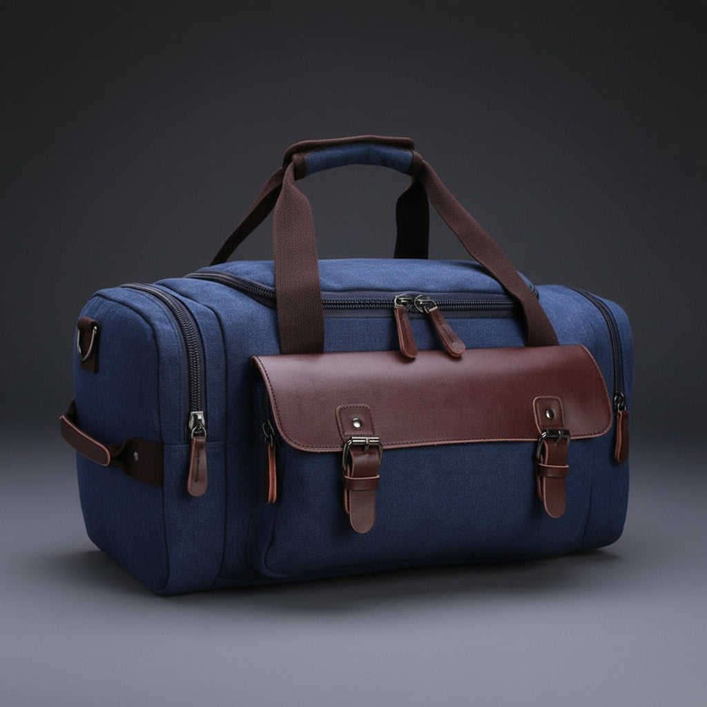 Weekender aus Canvas in Dunkelblau mit braunem Lederbesatz