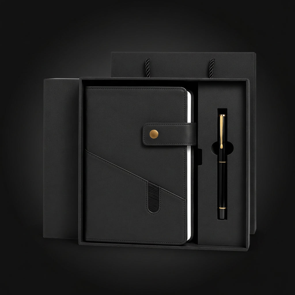 Notizbuch-Geschenkset in Schwarz mit Stift und Geschenkbox