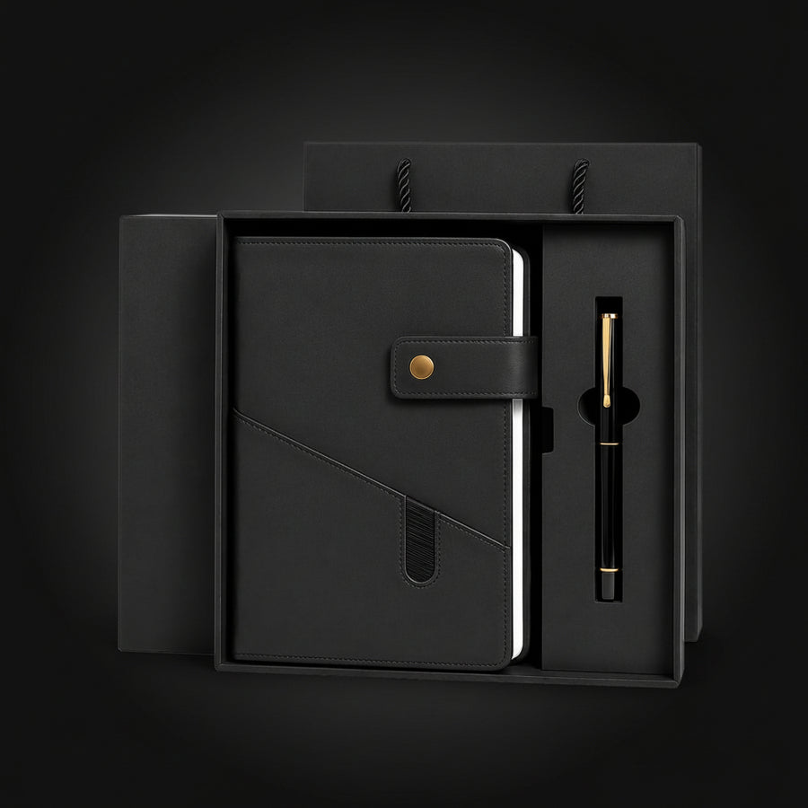 Notizbuch-Geschenkset in Schwarz mit Stift und Geschenkbox