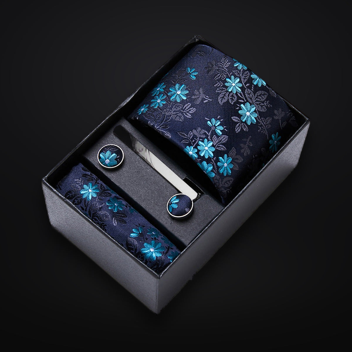 Krawatten-Geschenkset Blau Blume in der Geschenkbox