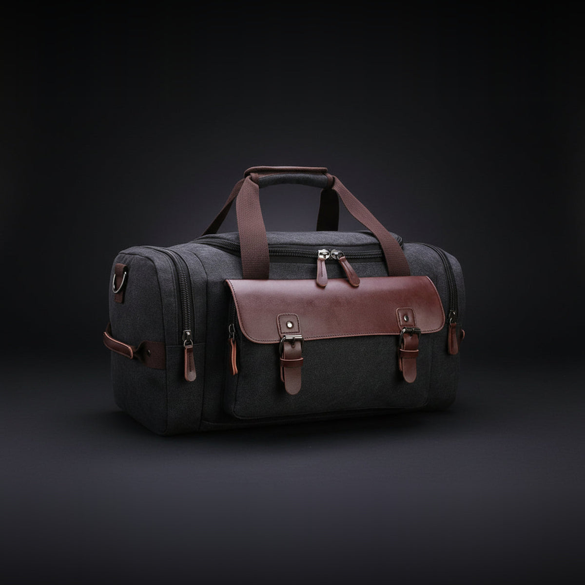 Weekender aus Canvas in Anthrazit, Seitenansicht mit Vordertasche