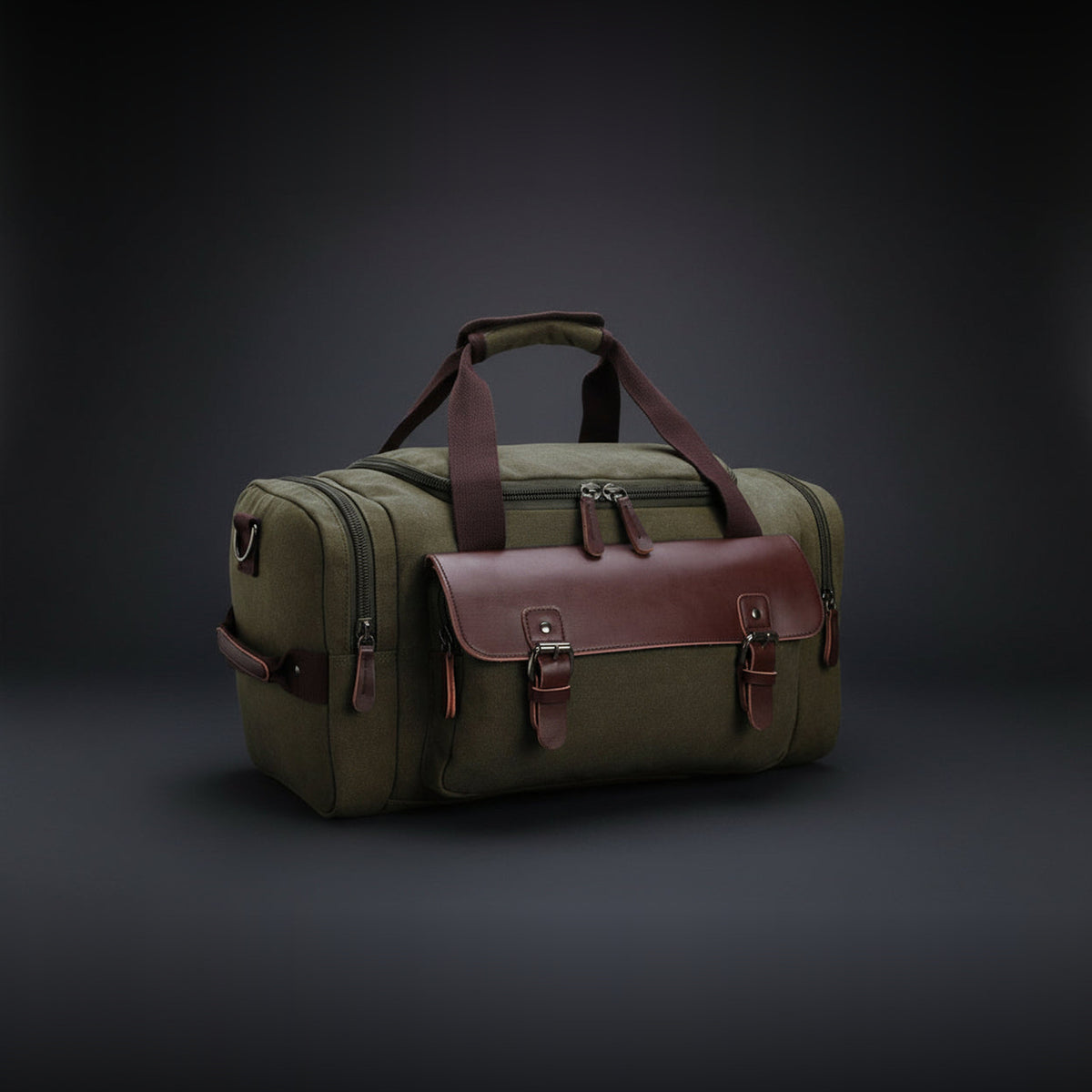 Weekender aus Canvas in Oliv mit braunem Lederbesatz