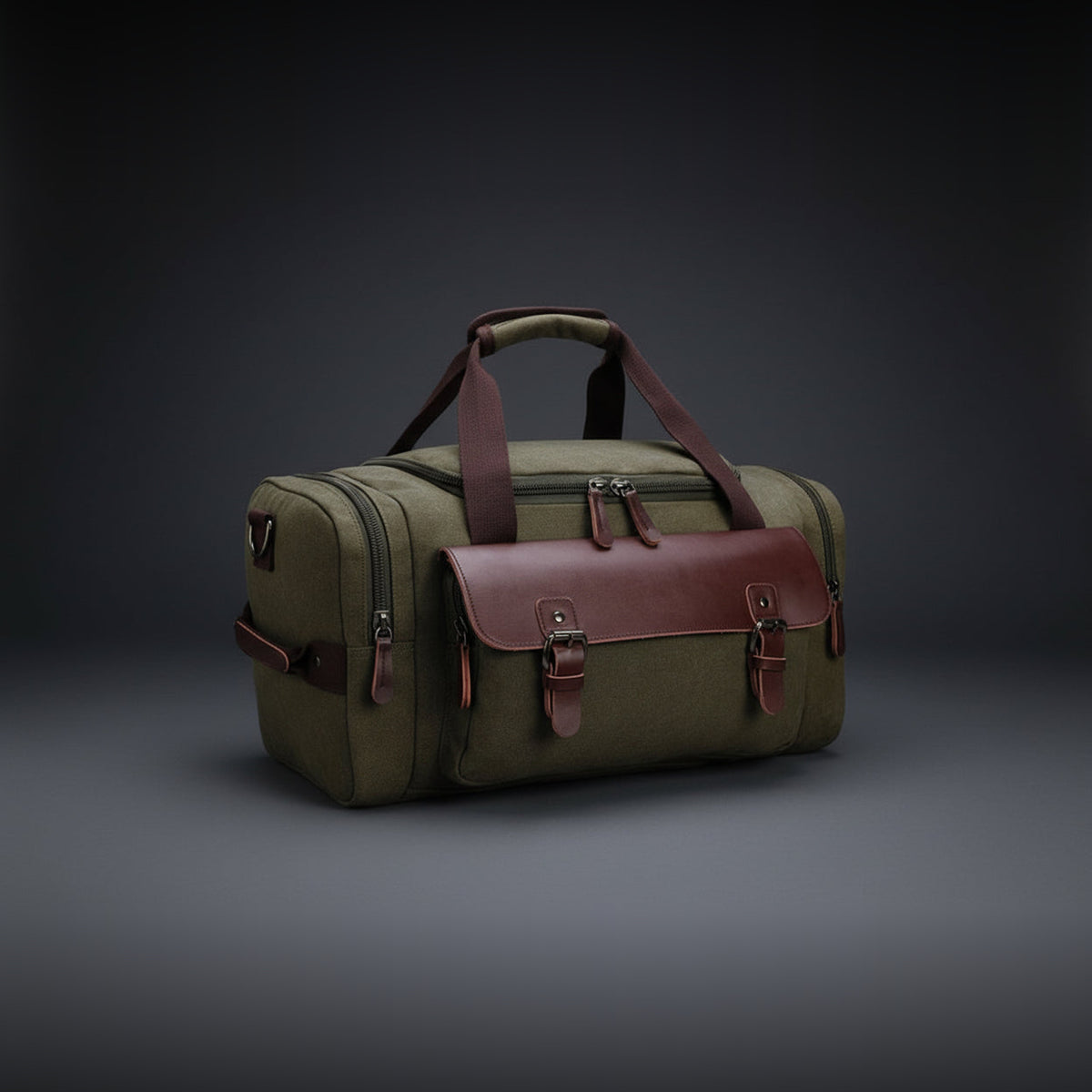 Weekender aus Canvas in Oliv, Seitenansicht mit aufgesetzter Vordertasche