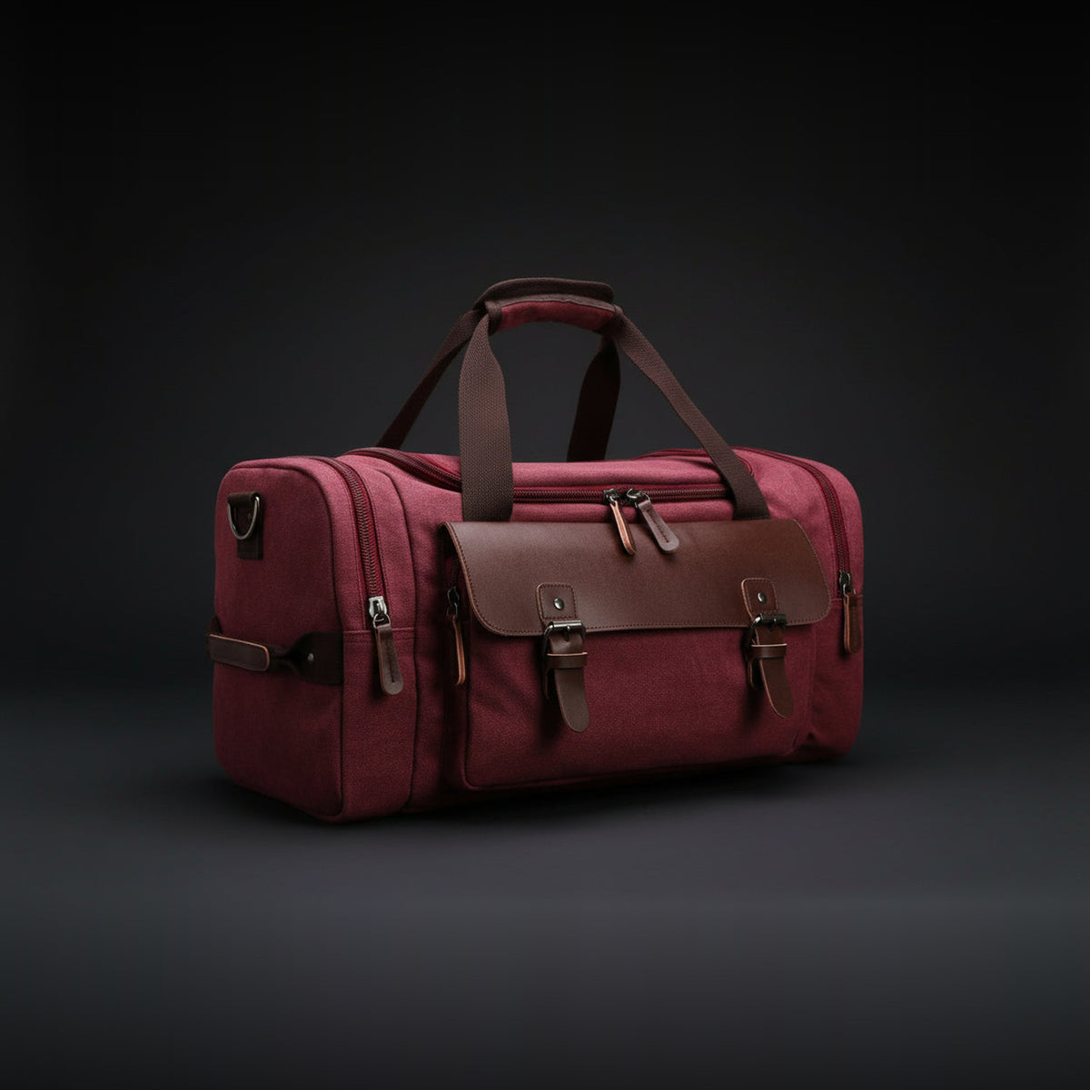 Weekender aus Canvas in Bordeaux mit braunem Lederbesatz