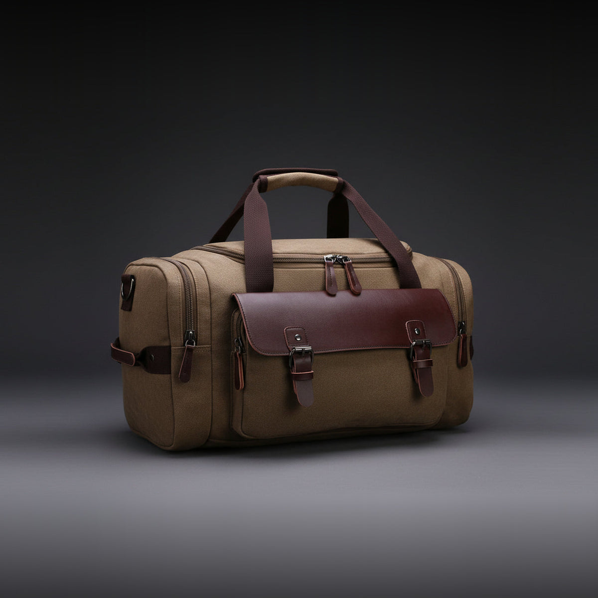 Weekender aus Canvas in Khaki mit braunem Lederbesatz