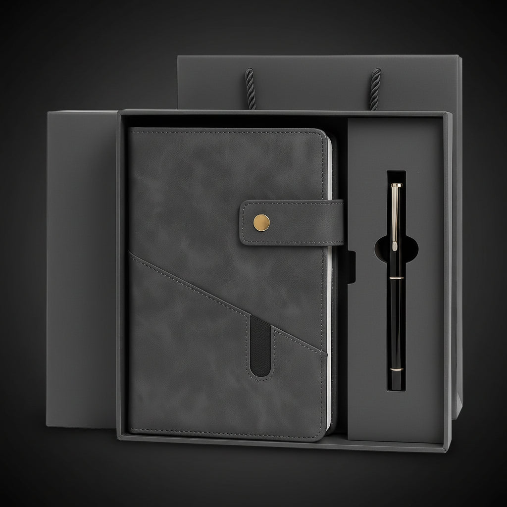 Notizbuch-Geschenkset in Grau mit Stift und Geschenkbox