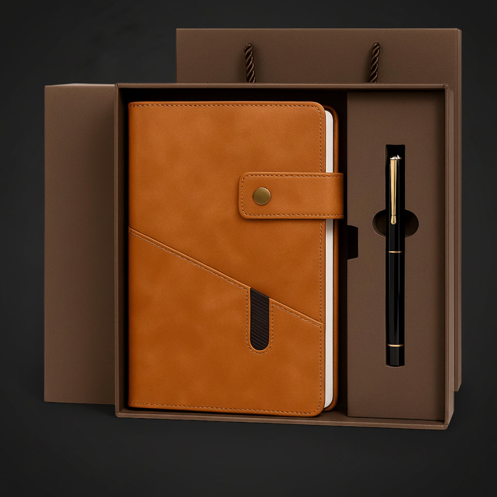 Notizbuch-Geschenkset in Braun mit Stift und Geschenkbox