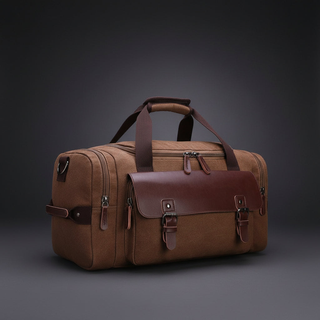 Weekender aus Canvas in Camel mit braunem Lederbesatz und Schnallen