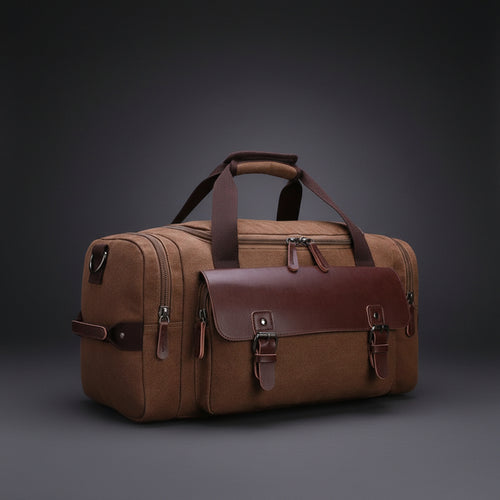 Weekender aus Canvas in Camel mit braunem Lederbesatz und Schnallen