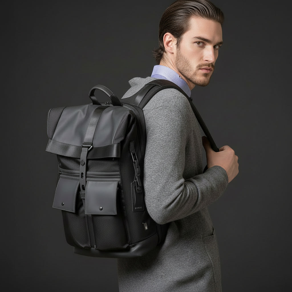 Mann trägt den BANGE Rolltop-Rucksack über der Schulter