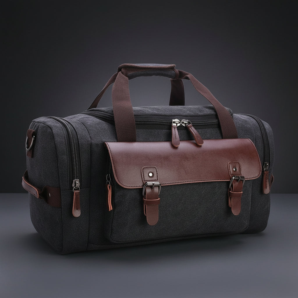 Weekender aus Canvas in Anthrazit mit braunem Lederbesatz