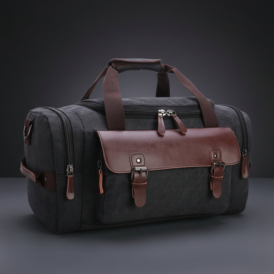 Weekender aus Canvas in Anthrazit mit braunem Lederbesatz