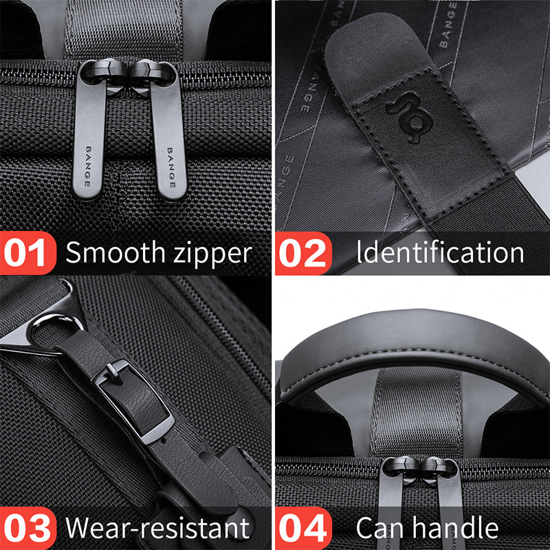 Detailaufnahmen von Reißverschluss, Logo, Riemen und Tragegriff des Rucksacks