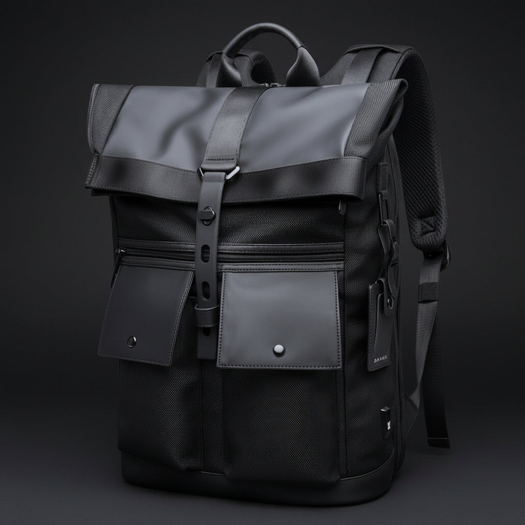 BANGE Rolltop-Rucksack in Grau, Frontansicht mit zwei Vordertaschen