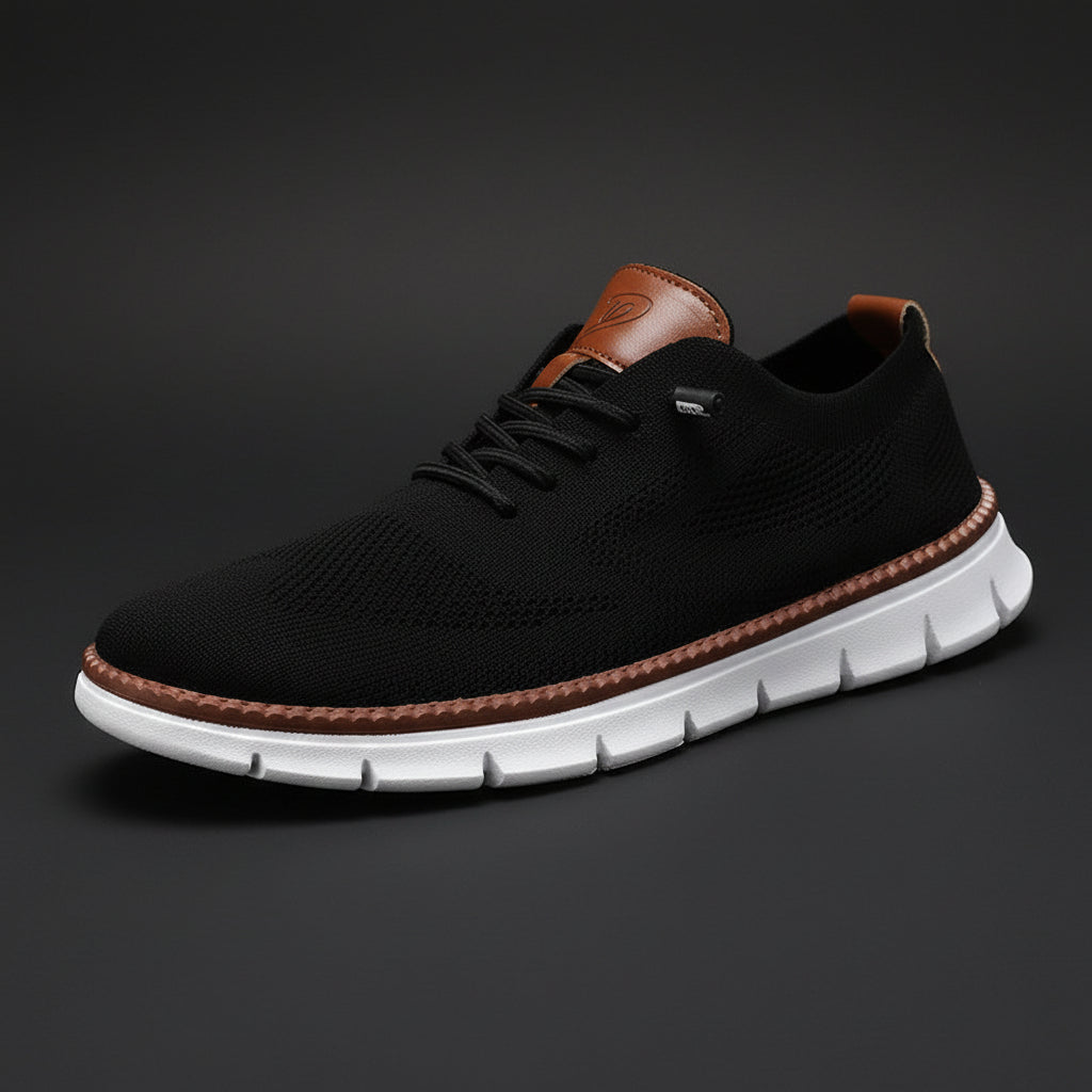 Herren-Sneaker aus Strickmaterial in Schwarz mit brauner Fersenlasche