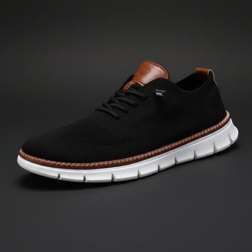 Herren-Sneaker aus Strickmaterial in Schwarz mit brauner Fersenlasche