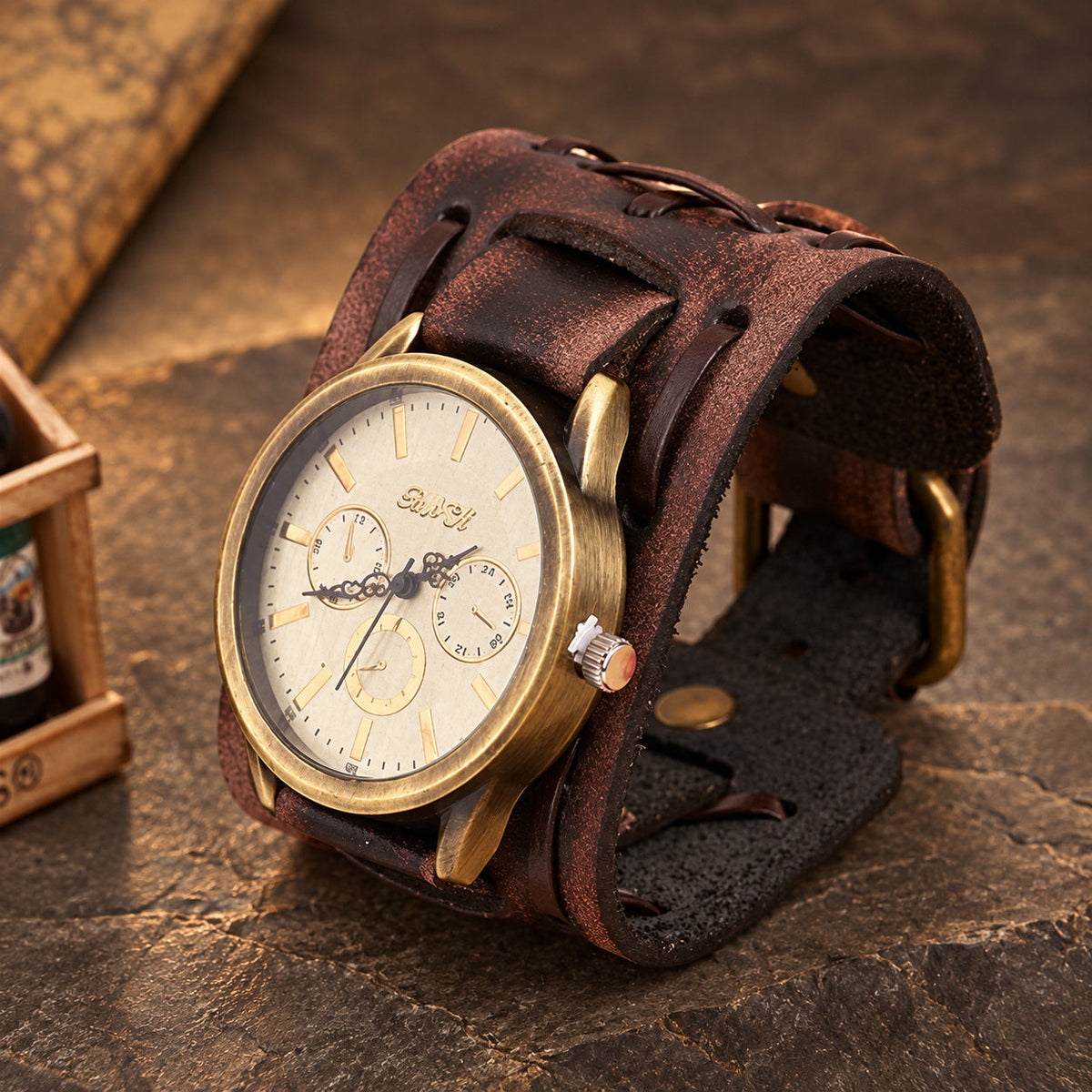 ZINKE Herren-Armbanduhr im Vintage-Stil 46 mm in Braun