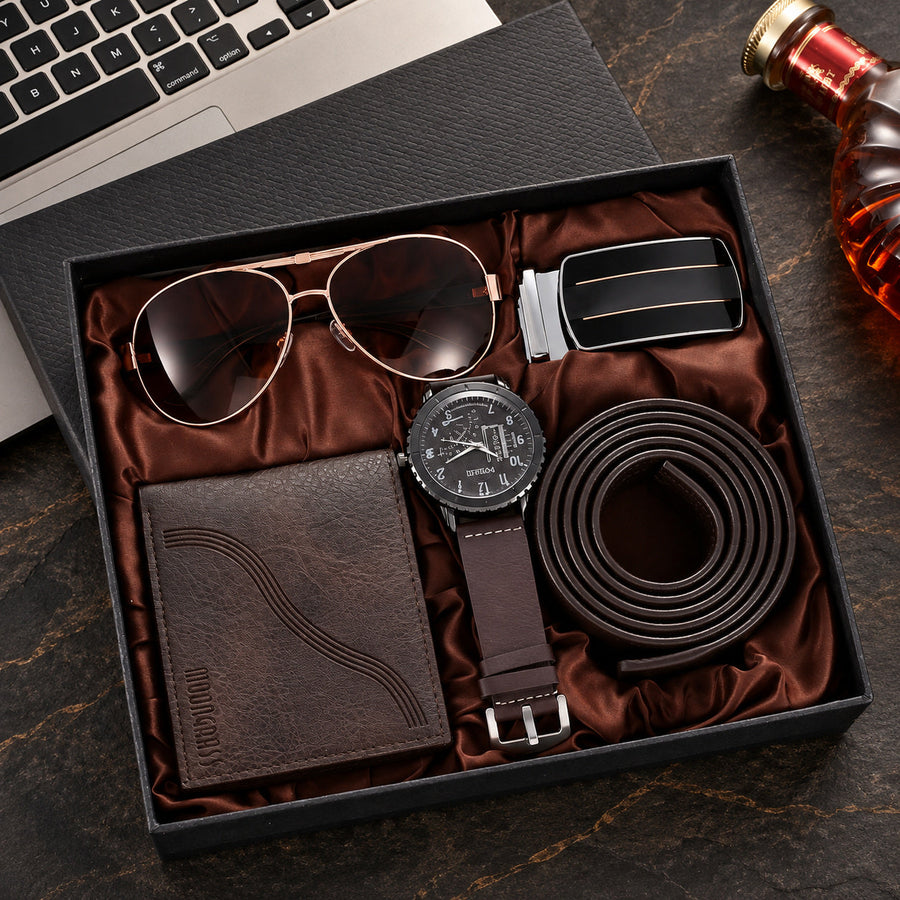 ZINKE Business-Geschenkset vierteilig mit Uhr, Geldbörse, Gürtel und Sonnenbrille in Braun