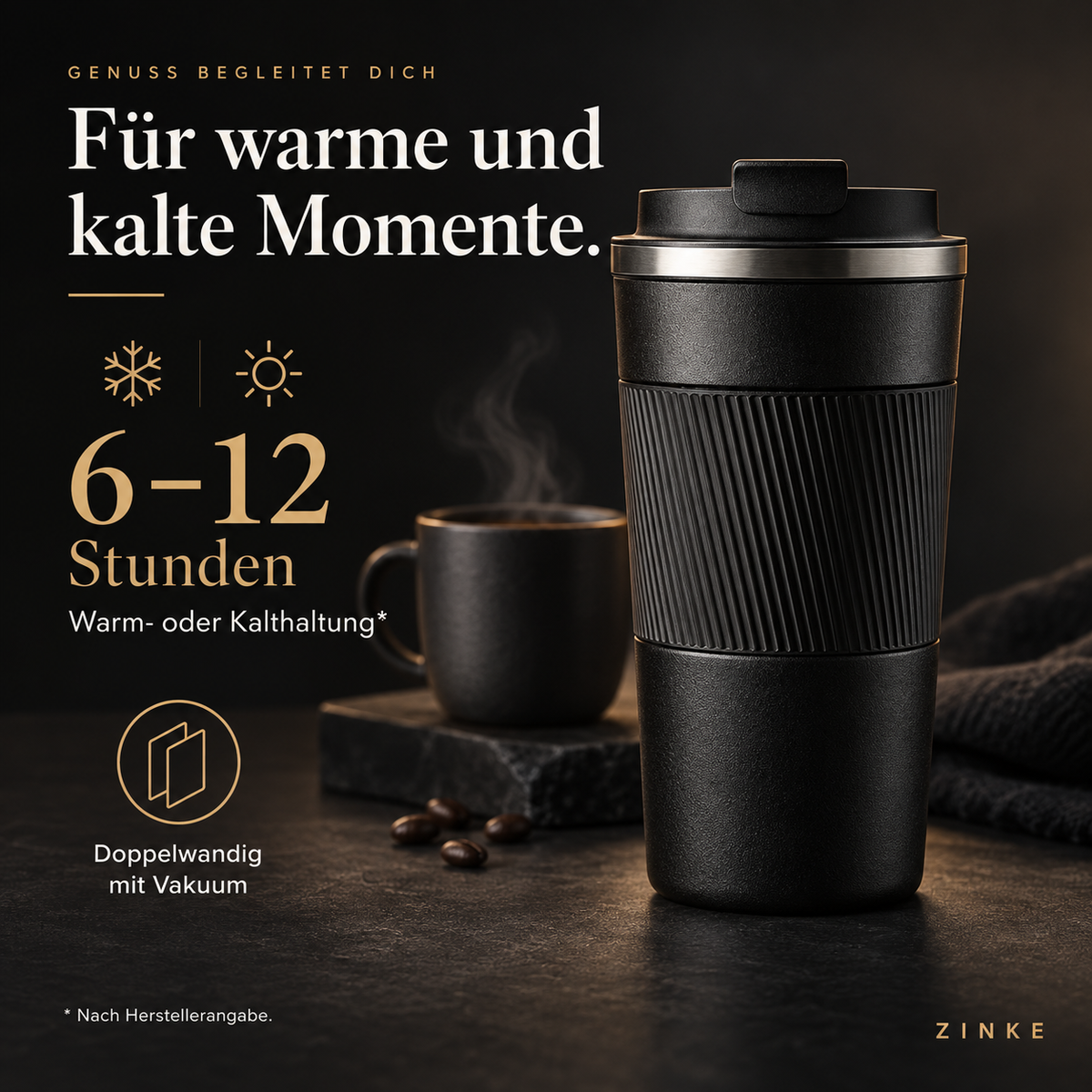 Hält nach Herstellerangabe 6 bis 12 Stunden warm oder kalt, doppelwandig mit Vakuum