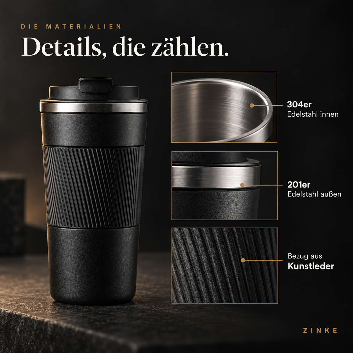 Materialien im Detail: 304er Edelstahl innen, 201er Edelstahl außen, Bezug aus Kunstleder