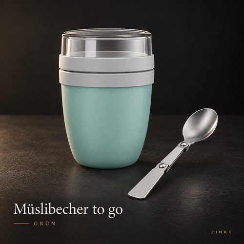 Müslibecher to go in Grün mit Deckel und Löffel