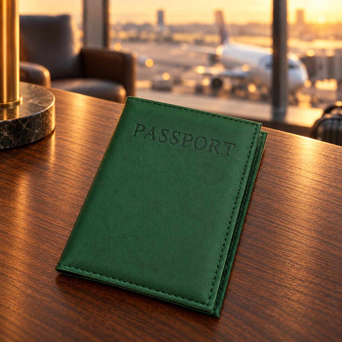 Dunkelgrüne Reisepasshülle auf einem Tisch am Flughafen, im Hintergrund ein Flugzeug