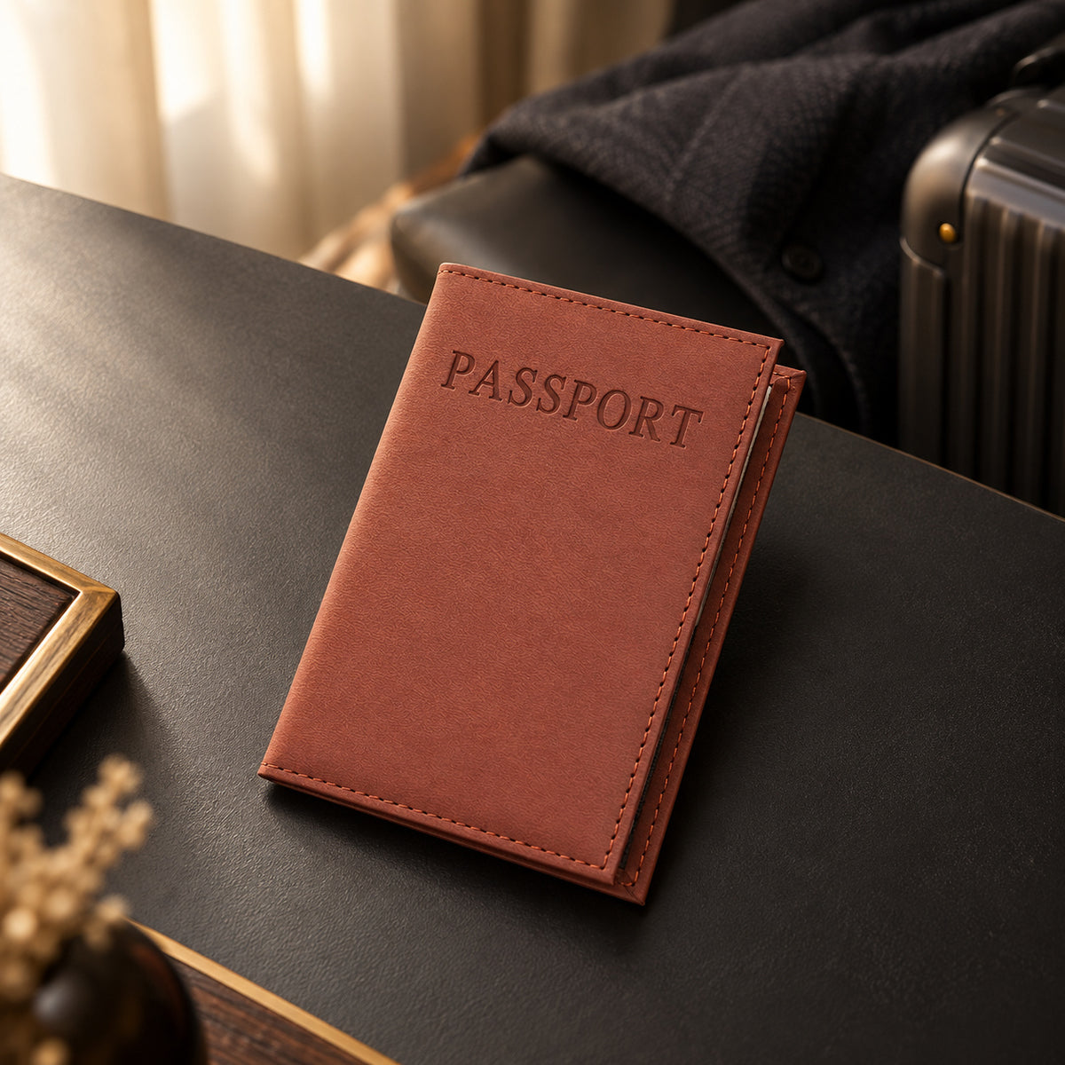 Reisepasshülle in Khaki auf einem Tisch neben Mantel und Koffer