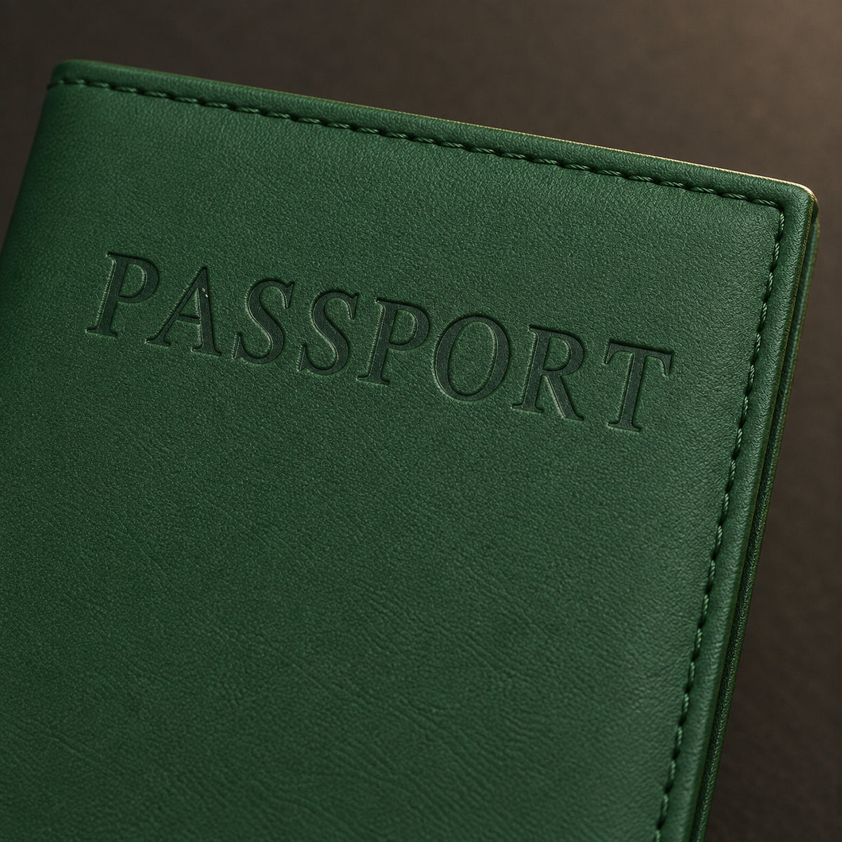 Prägung PASSPORT und umlaufende Naht im Detail, Dunkelgrün