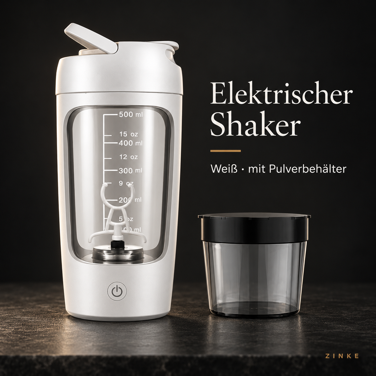 Elektrischer Shaker in Weiß mit aufgeschraubtem Pulverbehälter
