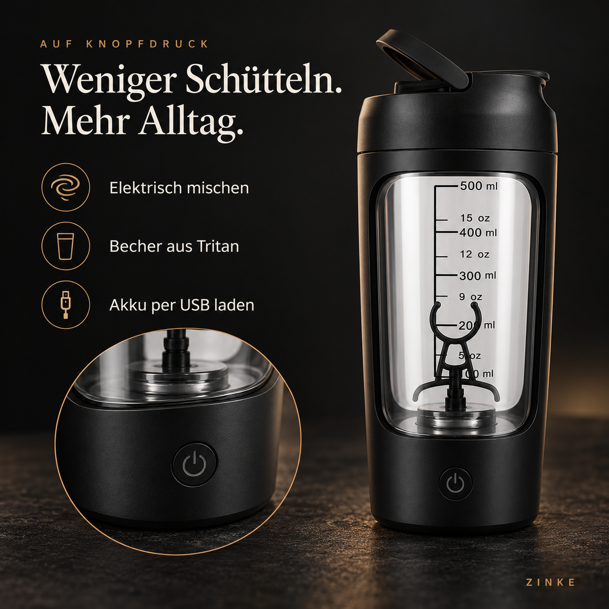 Bedienung über eine Taste im Deckel, Becher aus Tritan