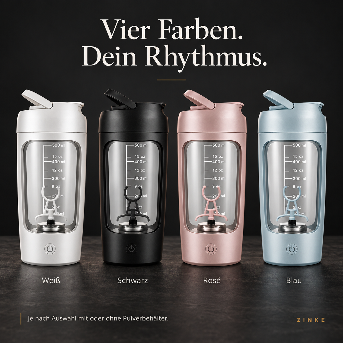 Vier Farben nebeneinander: Weiß, Schwarz, Rosé und Blau