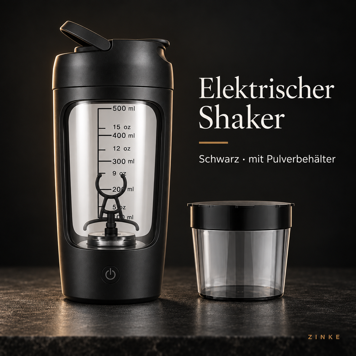 Elektrischer Shaker in Schwarz mit Pulverbehälter