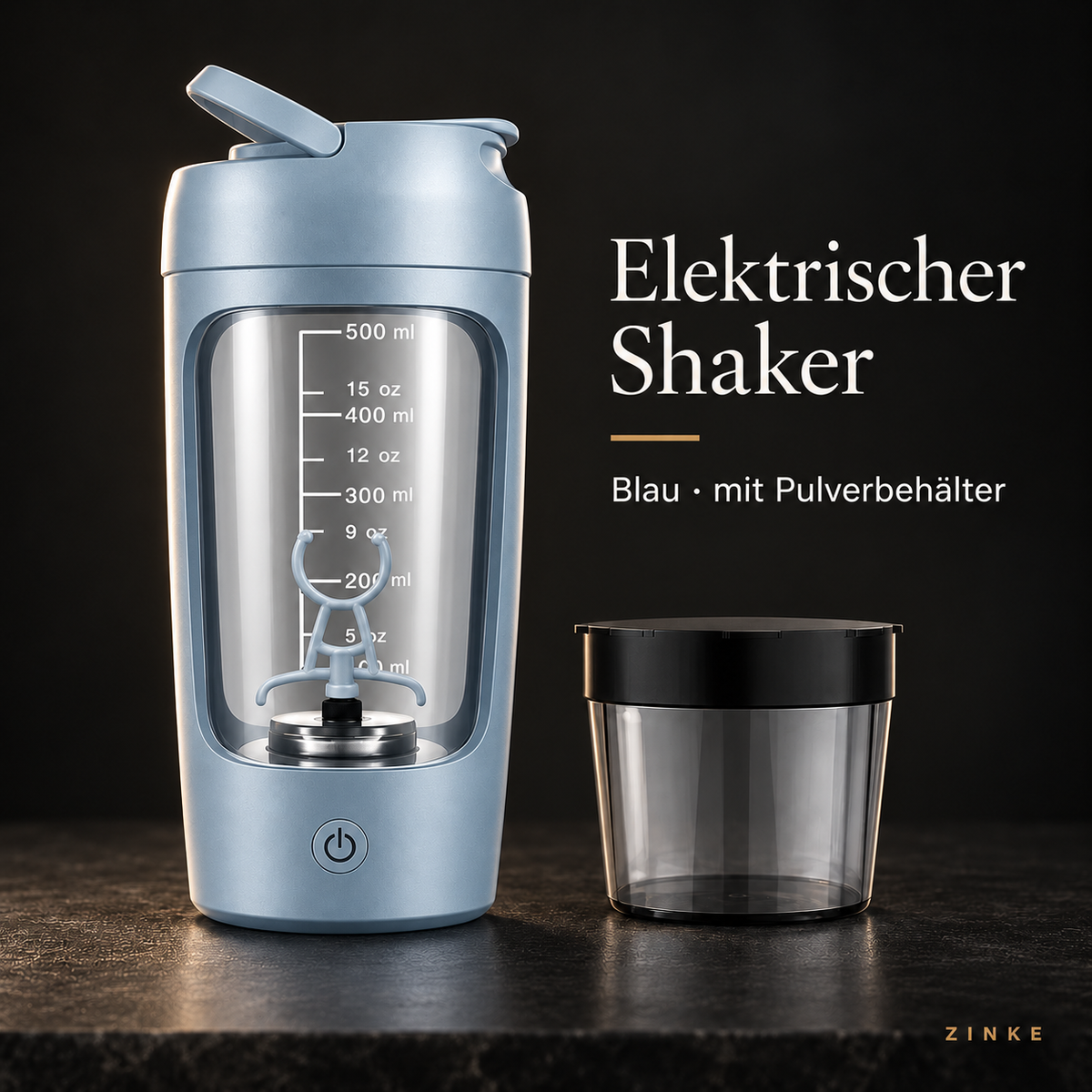 Elektrischer Shaker in Blau mit Pulverbehälter