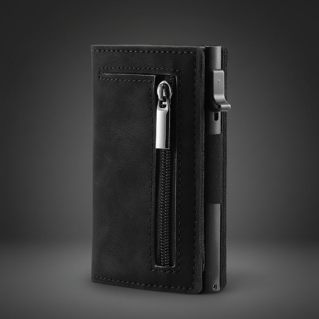 Compact Wallet in Schwarz, Reißverschlussfach an der Vorderseite
