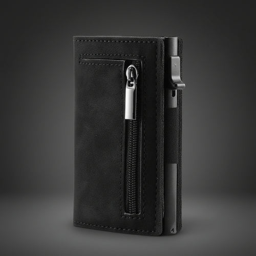 Compact Wallet in Schwarz, Reißverschlussfach an der Vorderseite