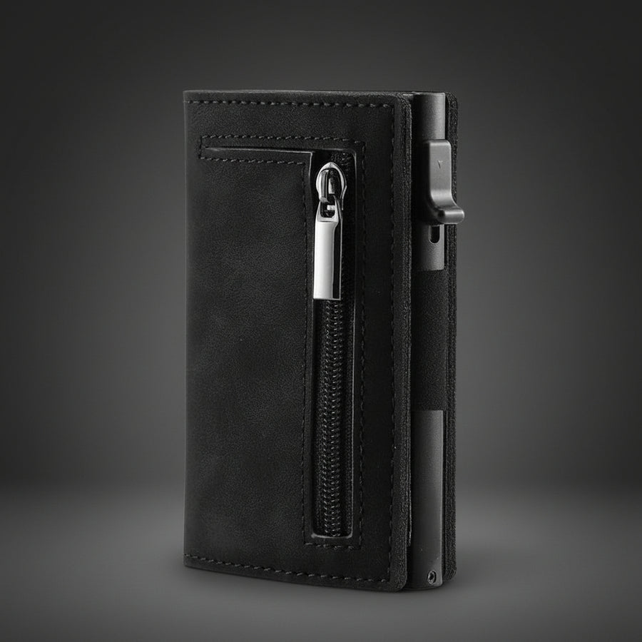 Compact Wallet in Schwarz, Reißverschlussfach an der Vorderseite