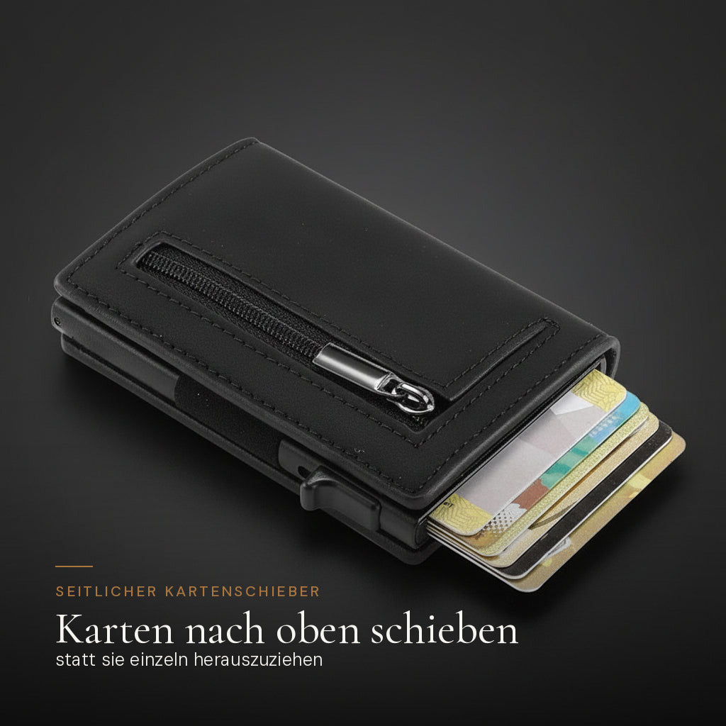 Compact Wallet mit seitlichem Kartenschieber, die Karten fahren nach oben