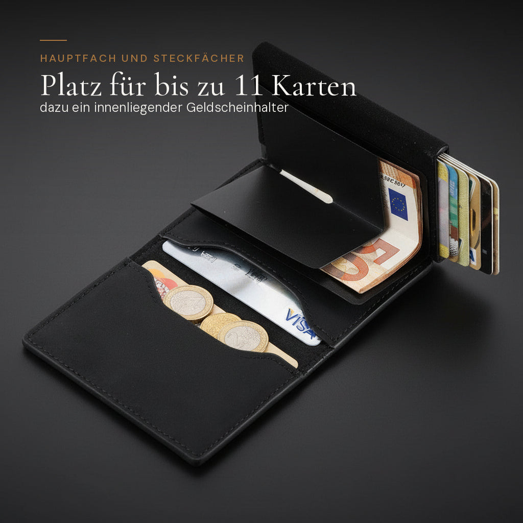 Compact Wallet aufgeklappt mit Platz für bis zu 11 Karten und Geldscheinhalter