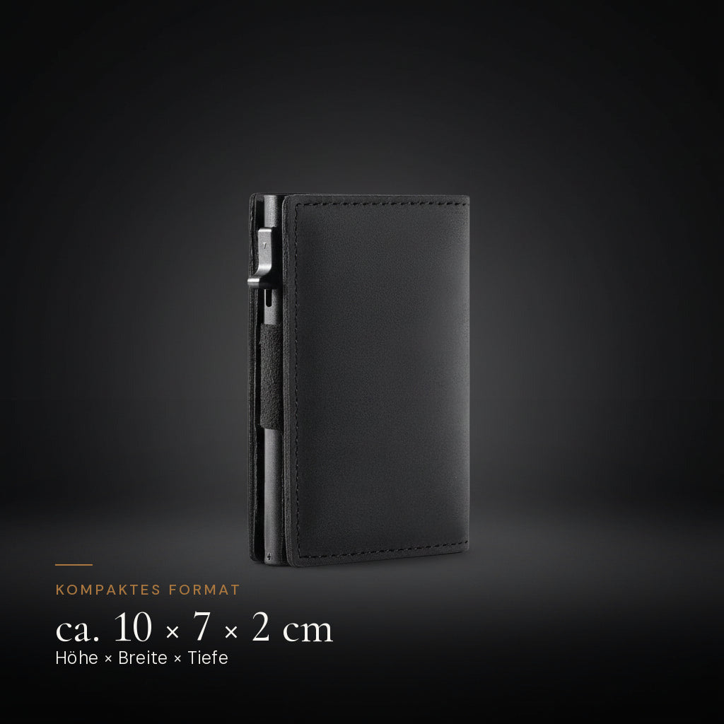 Compact Wallet im kompakten Format von etwa 10 mal 7 mal 2 Zentimetern