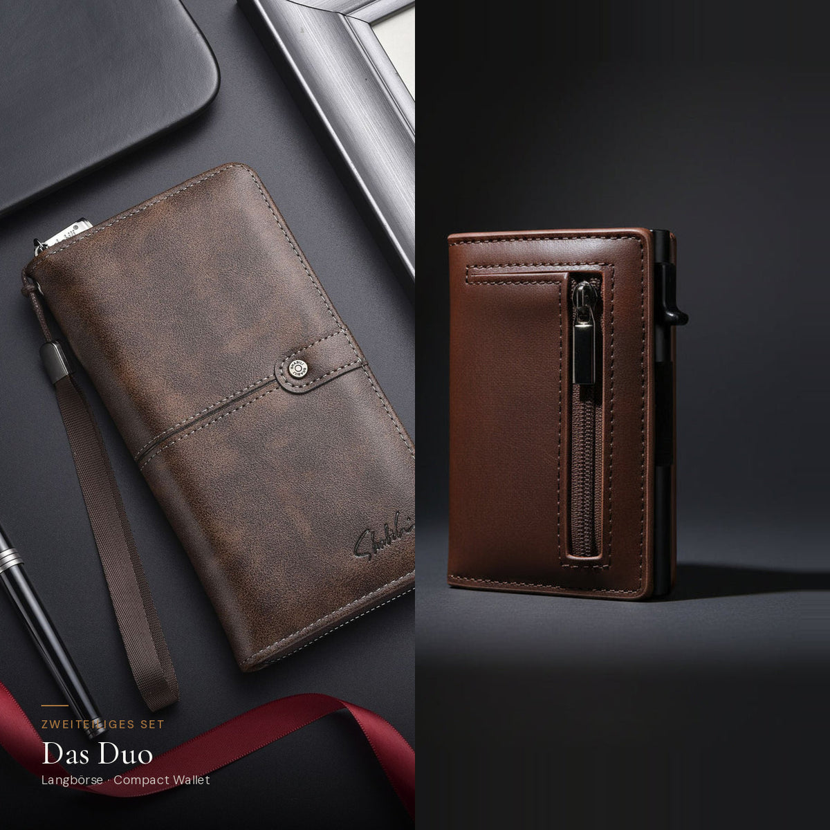 Das Duo: Herren-Langbörse in Braun und Compact Wallet in Braun