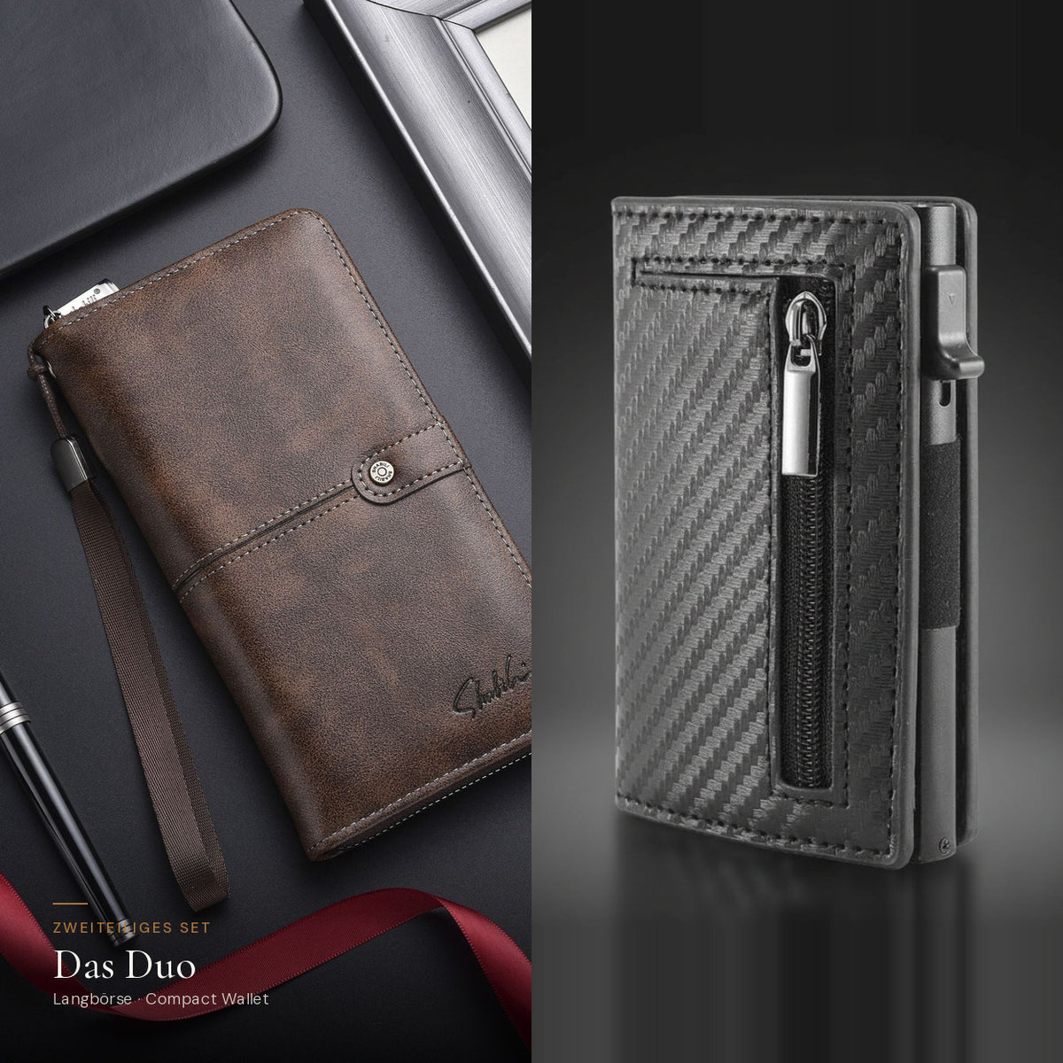Das Duo: Herren-Langbörse in Braun und Compact Wallet in Carbon-Optik