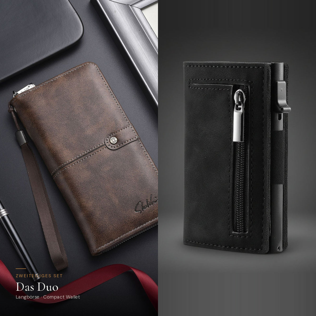 Das Duo: Herren-Langbörse in Braun und Compact Wallet in Schwarz