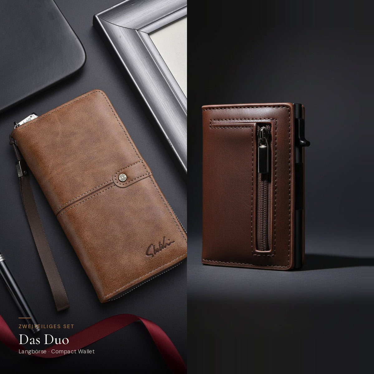 Das Duo: Herren-Langbörse in Hellbraun und Compact Wallet in Braun