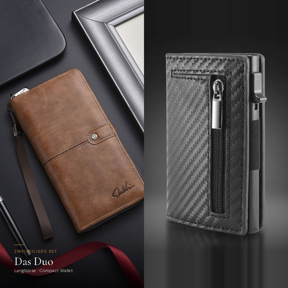Das Duo: Herren-Langbörse in Hellbraun und Compact Wallet in Carbon-Optik