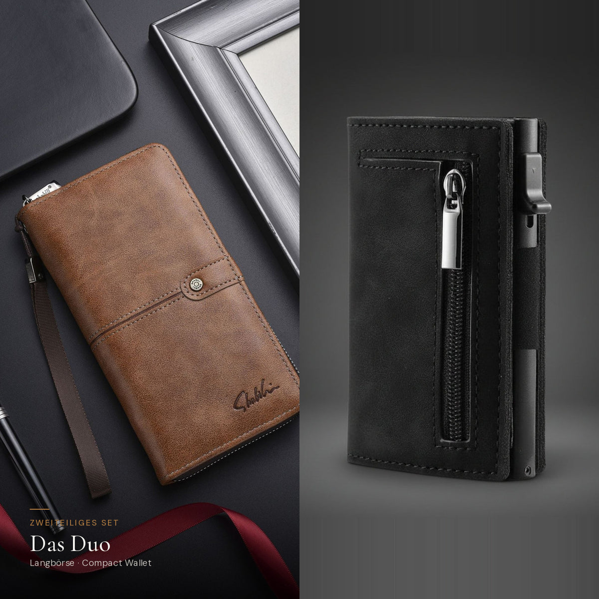 Das Duo: Herren-Langbörse in Hellbraun und Compact Wallet in Schwarz