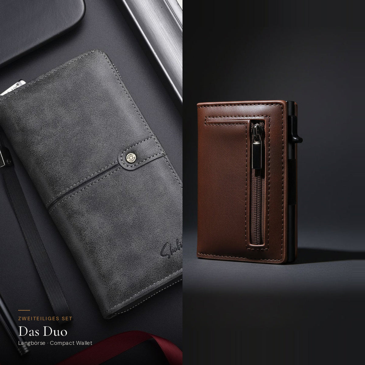 Das Duo: Herren-Langbörse in Schwarz und Compact Wallet in Braun