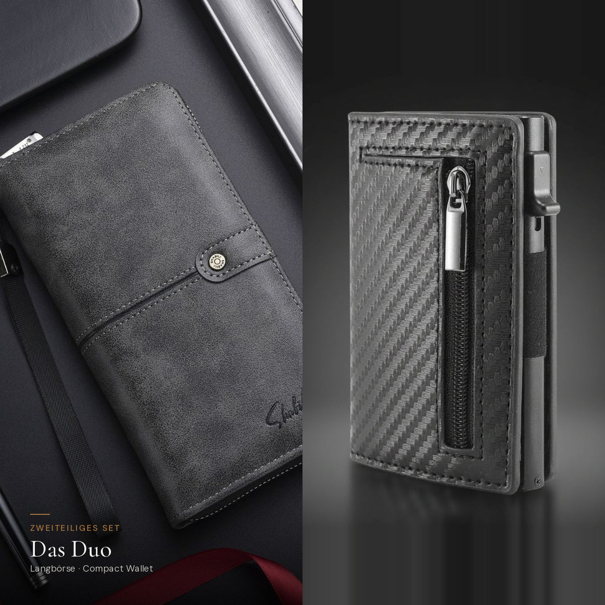 Das Duo: Herren-Langbörse in Schwarz und Compact Wallet in Carbon-Optik