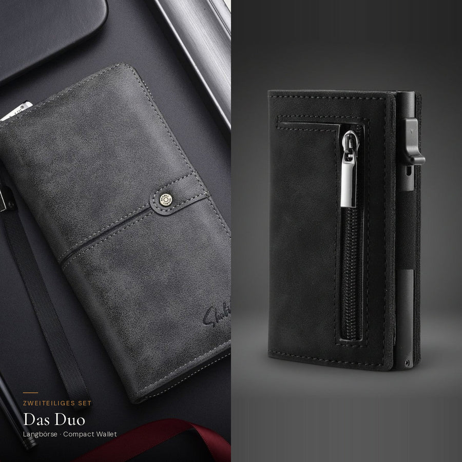 Das Duo: Herren-Langbörse in Schwarz und Compact Wallet in Schwarz