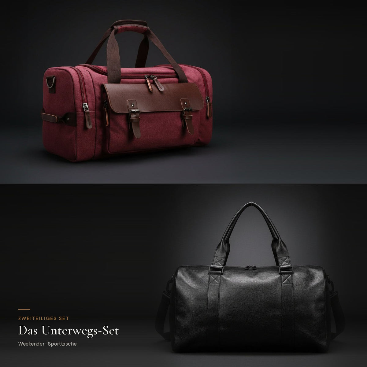 Das Unterwegs-Set: Weekender aus Canvas in Bordeaux und Sporttasche in Schwarz